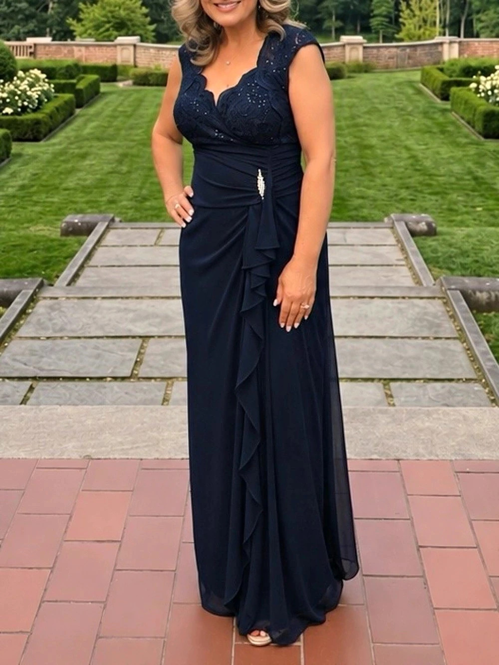 Connected Apparel Lace Bodice Maxi Dress Navy Size 10 Like New